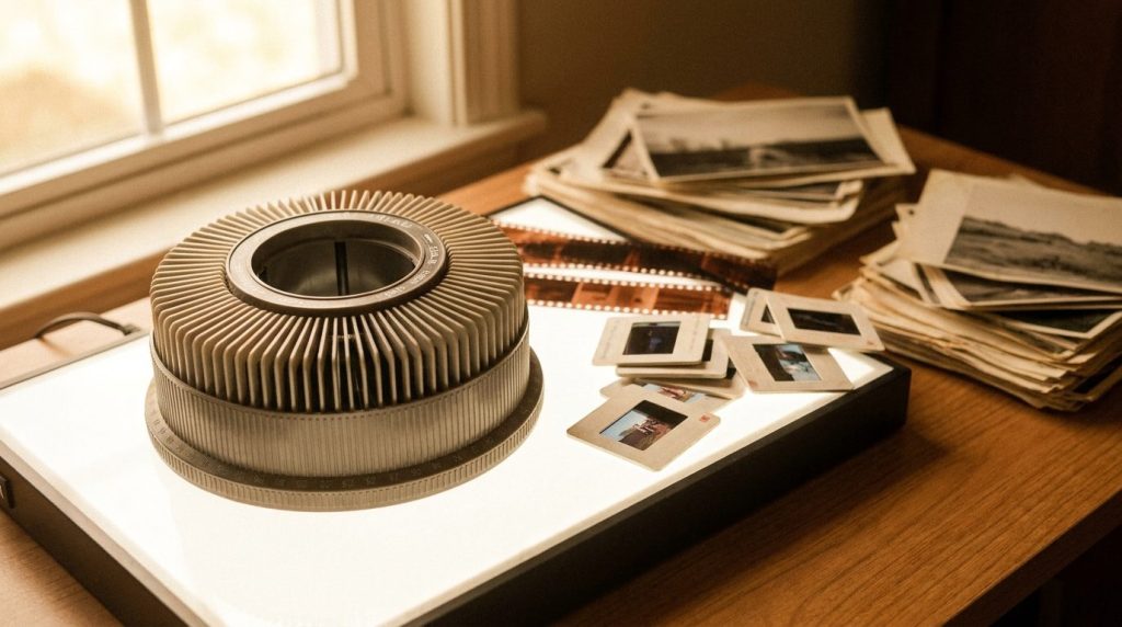 A 35mm slide carousel and loose mounted slides on a lightbox