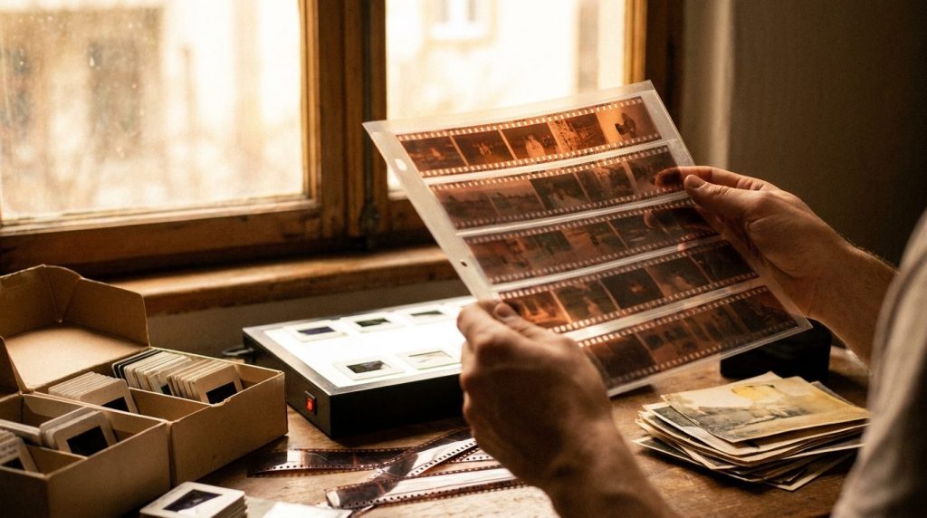 35mm negative strips in archival sleeves, one of three still-image formats we scan